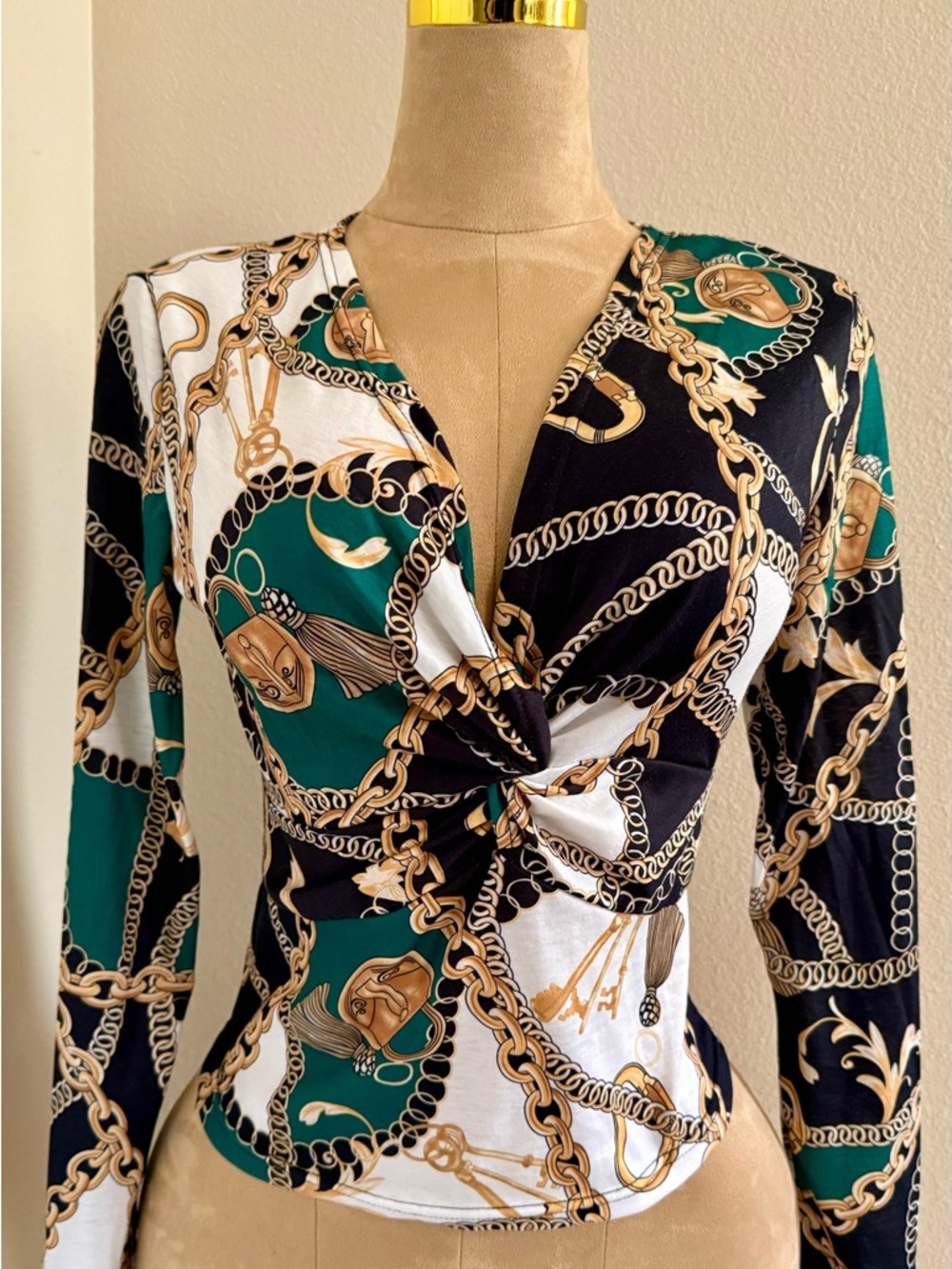 Knot-Front Chain Print Long-Sleeve Dress - Green/Black/White